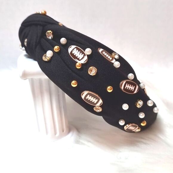 FOOTBALL SPIRIT WIDE BLACK JEWELED HEADBAND - Picture 1 of 9